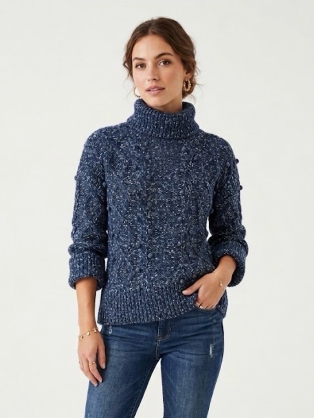 Kate Spade Chunky Cable Knit Turtleneck Sweater Marled Blue Bobble Pom Pom